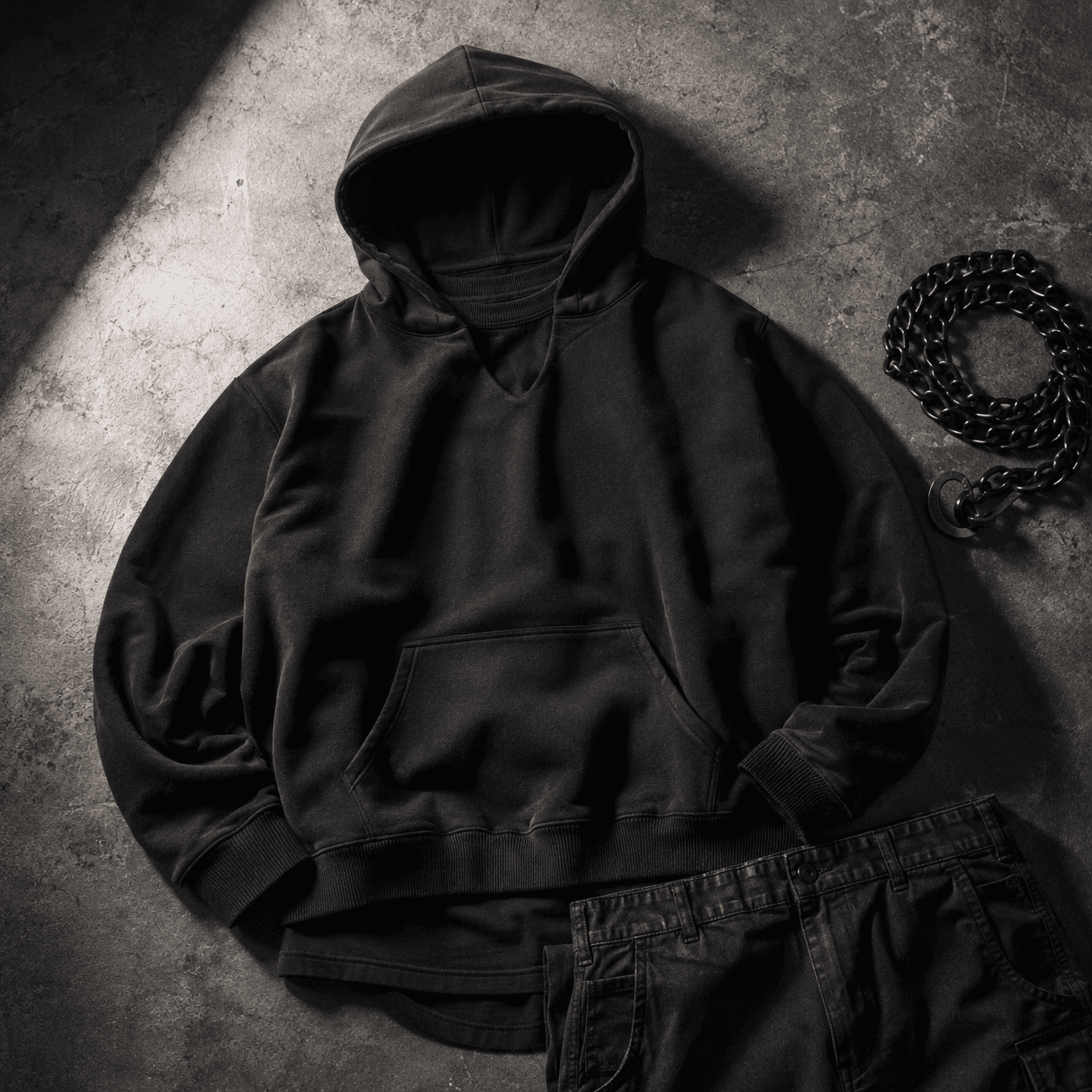 Editorial flat-lay of a heavyweight black hoodie, matte chain accessory, and dark workpants on polished concrete