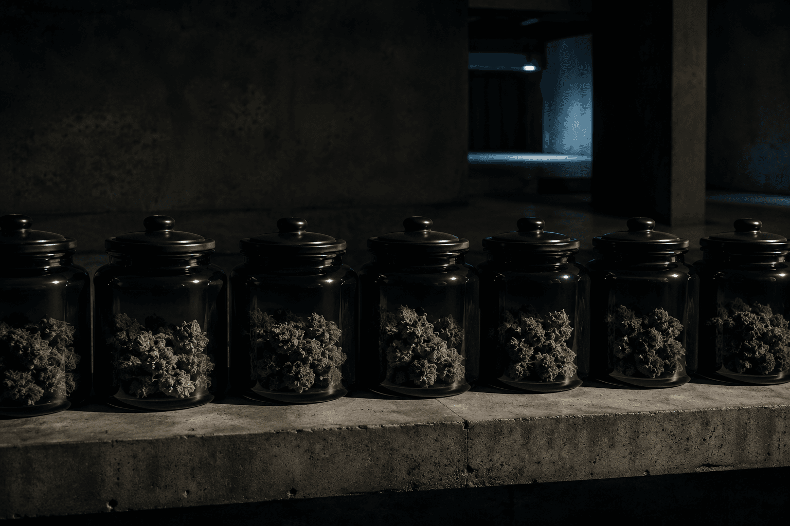 Row of matte black apothecary jars of Mr. Exotixx flower lined on a concrete shelf in a dim curing cellar