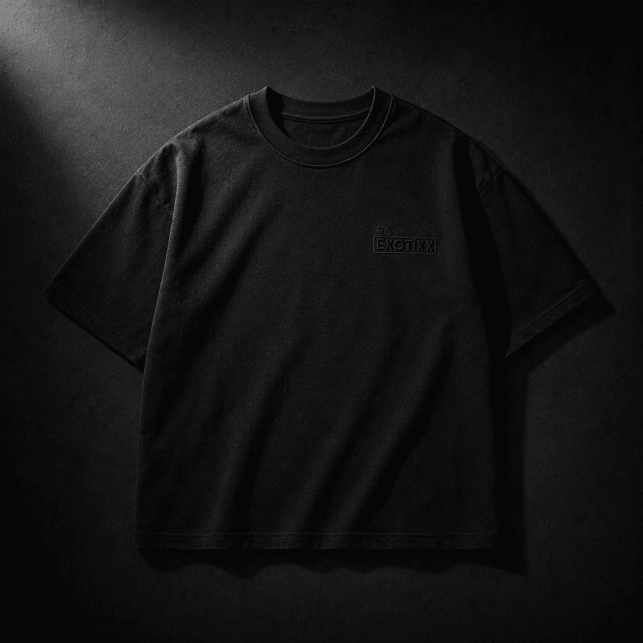 Black heavyweight tee with tonal Mr. Exotixx embroidery at left chest