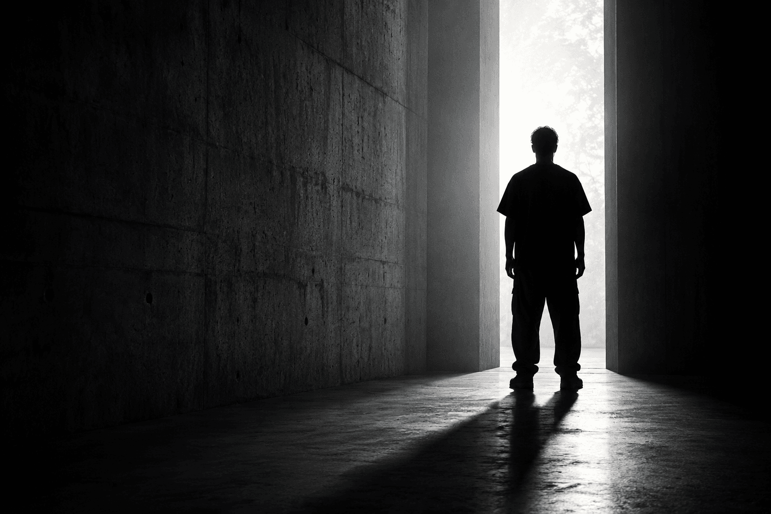 Silhouette in deep shadow — privacy policy backdrop