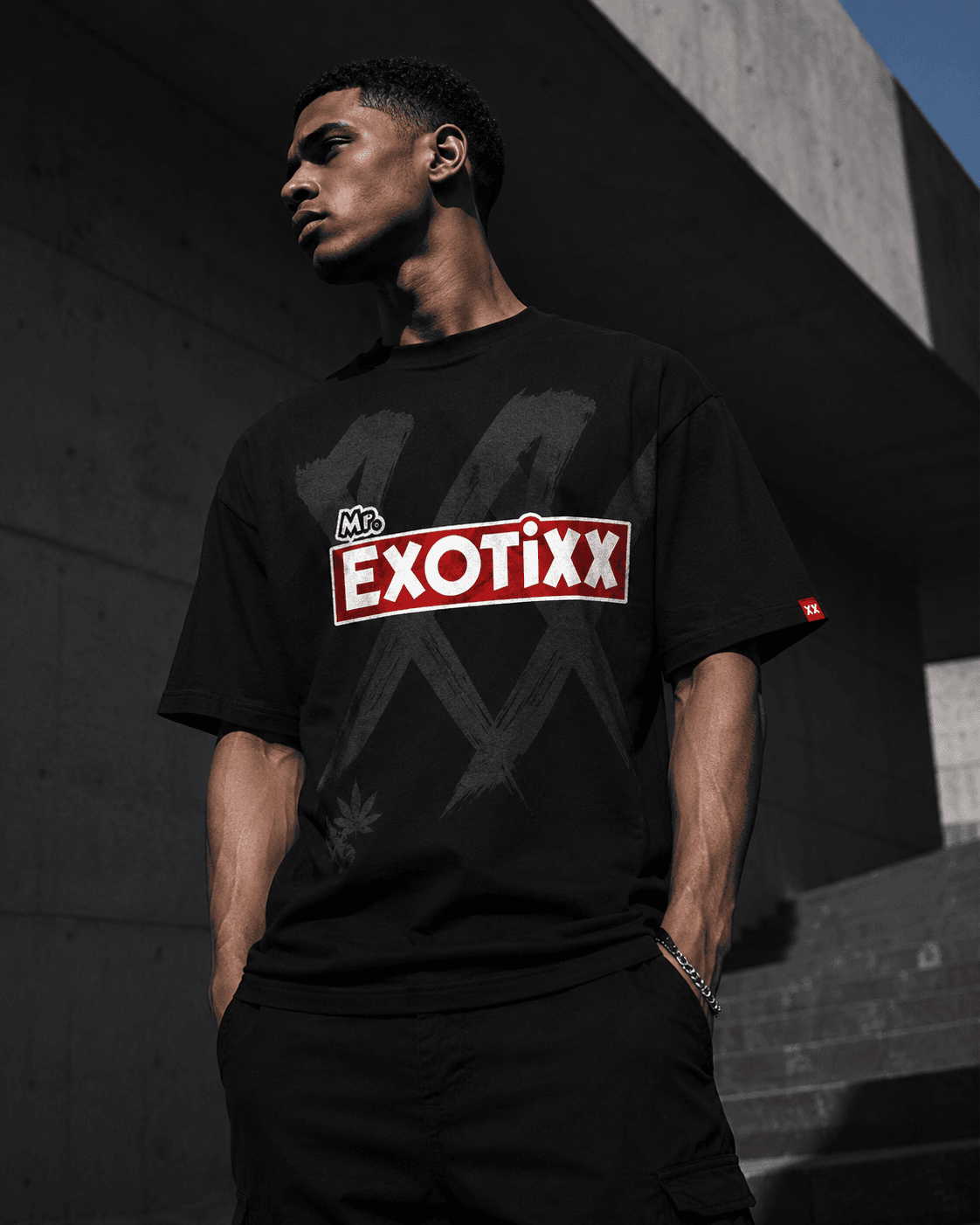 Close detail of the Mr. Exotixx XX-graphic tee in daylight