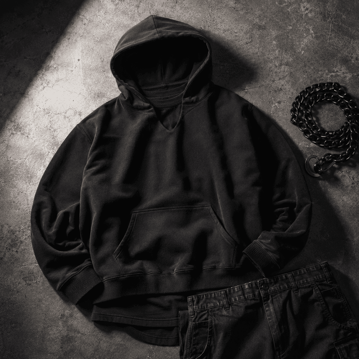 Editorial flat-lay of a heavyweight black hoodie, matte chain accessory, and dark workpants on polished concrete