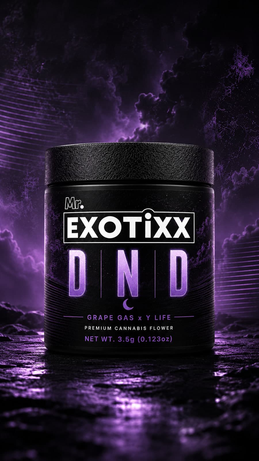 Mr. Exotixx DND jar — Grape Gas × Y Life — purple lettering under a crescent moon in a violet storm