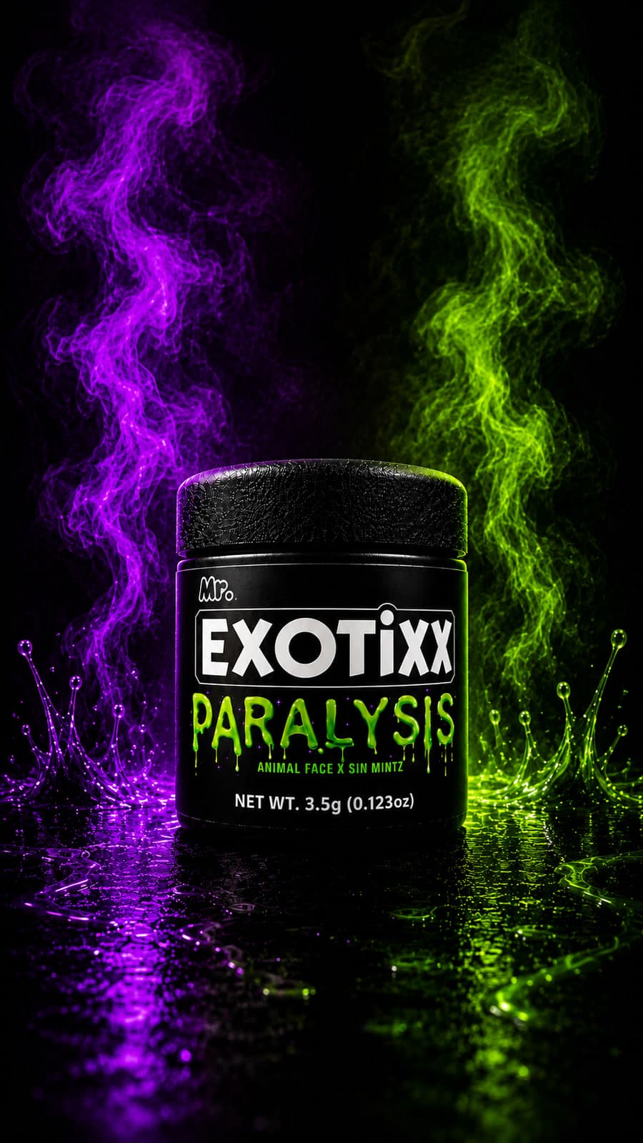 Mr. Exotixx Paralysis jar — Animal Face × Sin Mintz — dripping green lettering between violet and toxic-green smoke