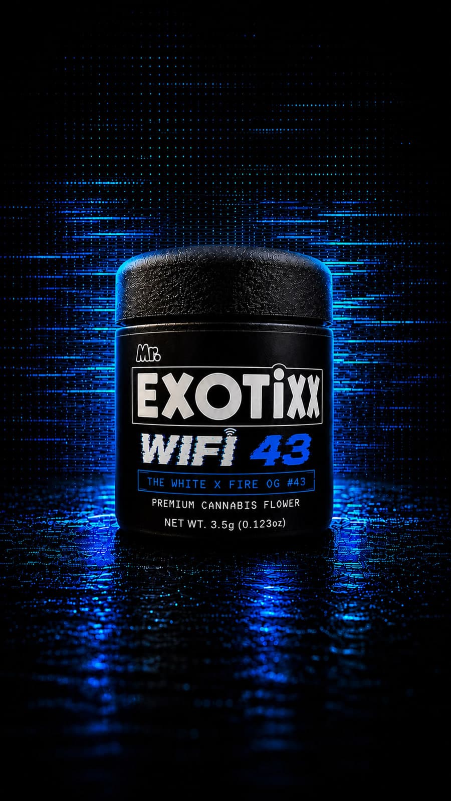Mr. Exotixx WIFI43 jar — The White × Fire OG #43 — lit in electric blue against a digital signal backdrop