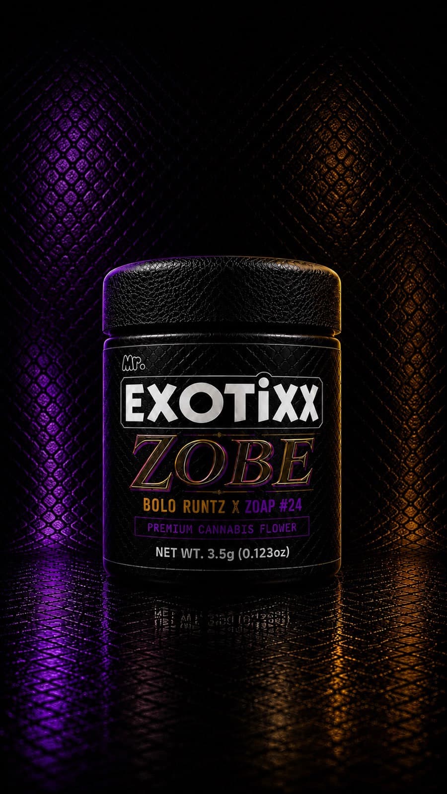 Mr. Exotixx Zobe jar — Bolo Runtz × Zoap #24 — gold lettering lit violet and amber against a quilted backdrop