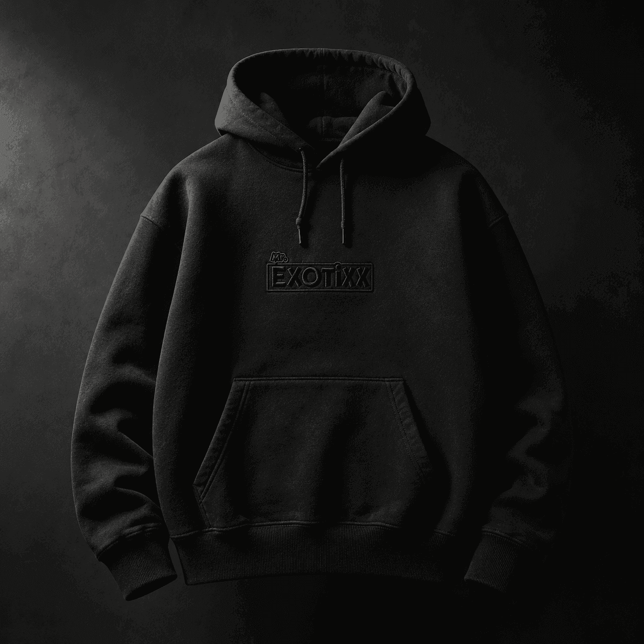 Heavyweight black Mr. Exotixx hoodie with tonal embroidery — clothing line