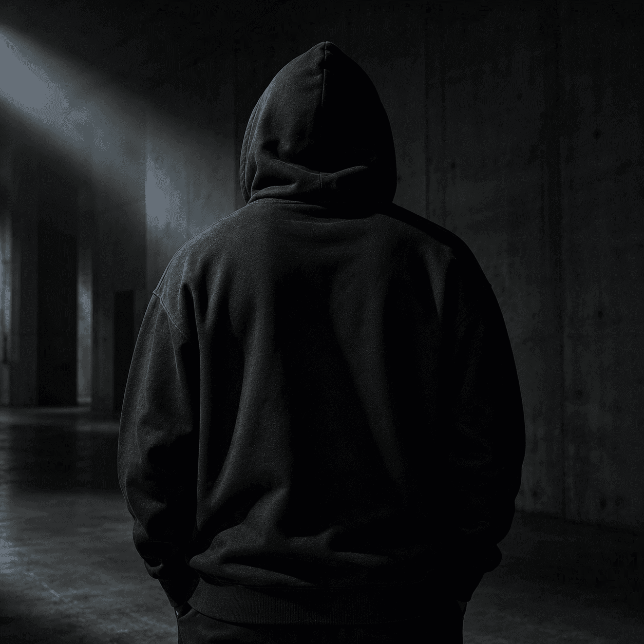 Figure in heavyweight black Mr. Exotixx hoodie, hood up, in a dim concrete environment