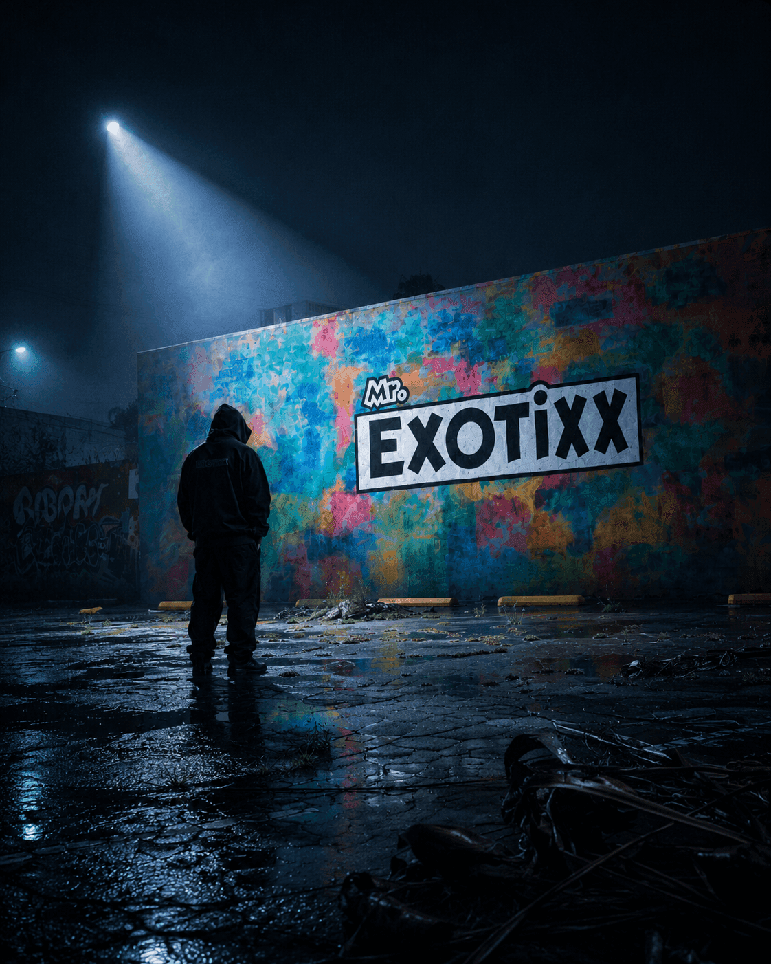 Hooded figure standing before the Mr. Exotixx mural at night under a single cold streetlight