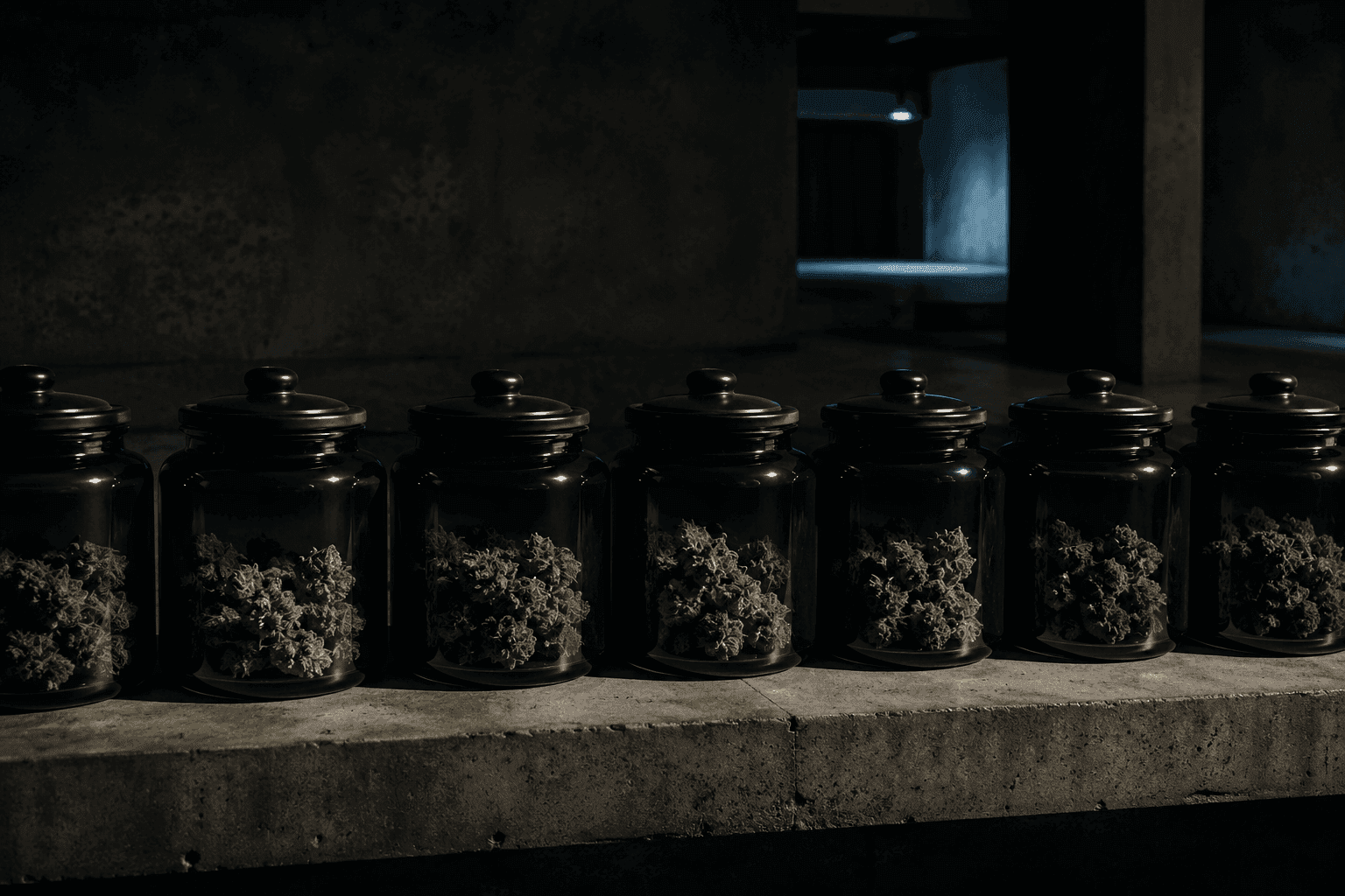 Row of matte black apothecary jars of Mr. Exotixx flower lined on a concrete shelf in a dim curing cellar