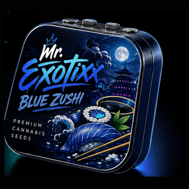 Mr. Exotixx Blue Zushi collectible seed tin — indigo wave, moon and sushi artwork