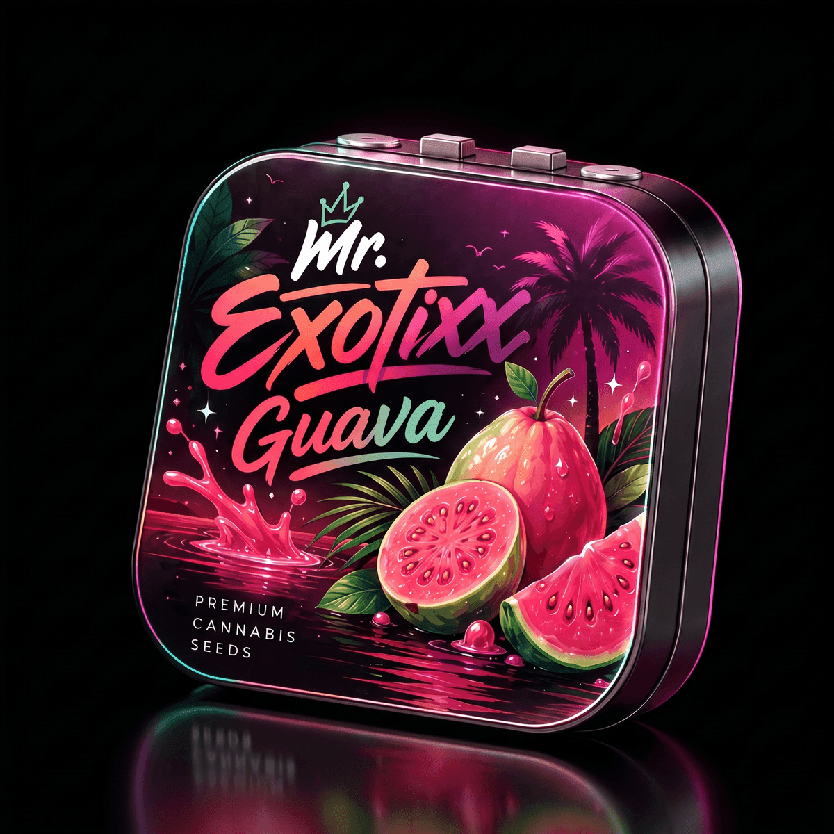 Mr. Exotixx Guava collectible seed tin — split guava fruit and palm artwork in pink and mint