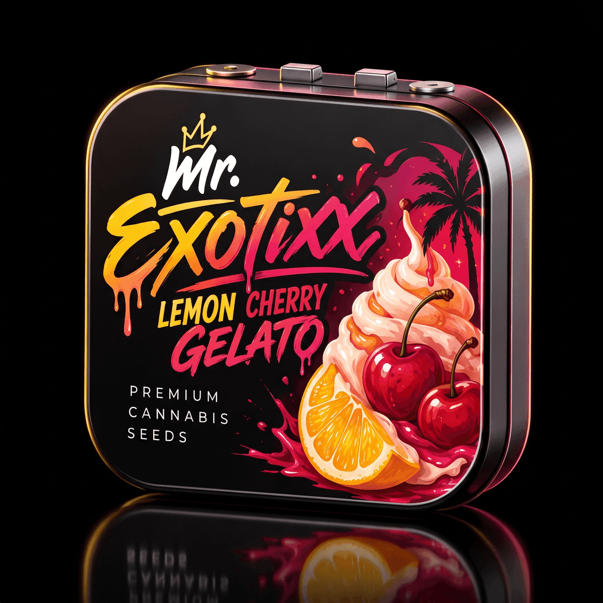 Mr. Exotixx Lemon Cherry Gelato collectible seed tin — lemon, cherry and gelato swirl artwork