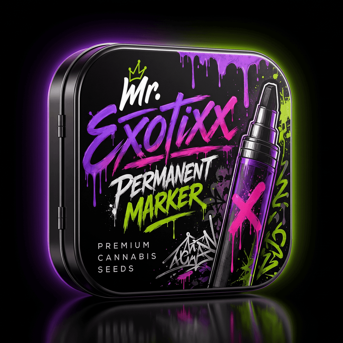 Mr. Exotixx Permanent Marker collectible seed tin — graffiti marker artwork in purple and toxic green
