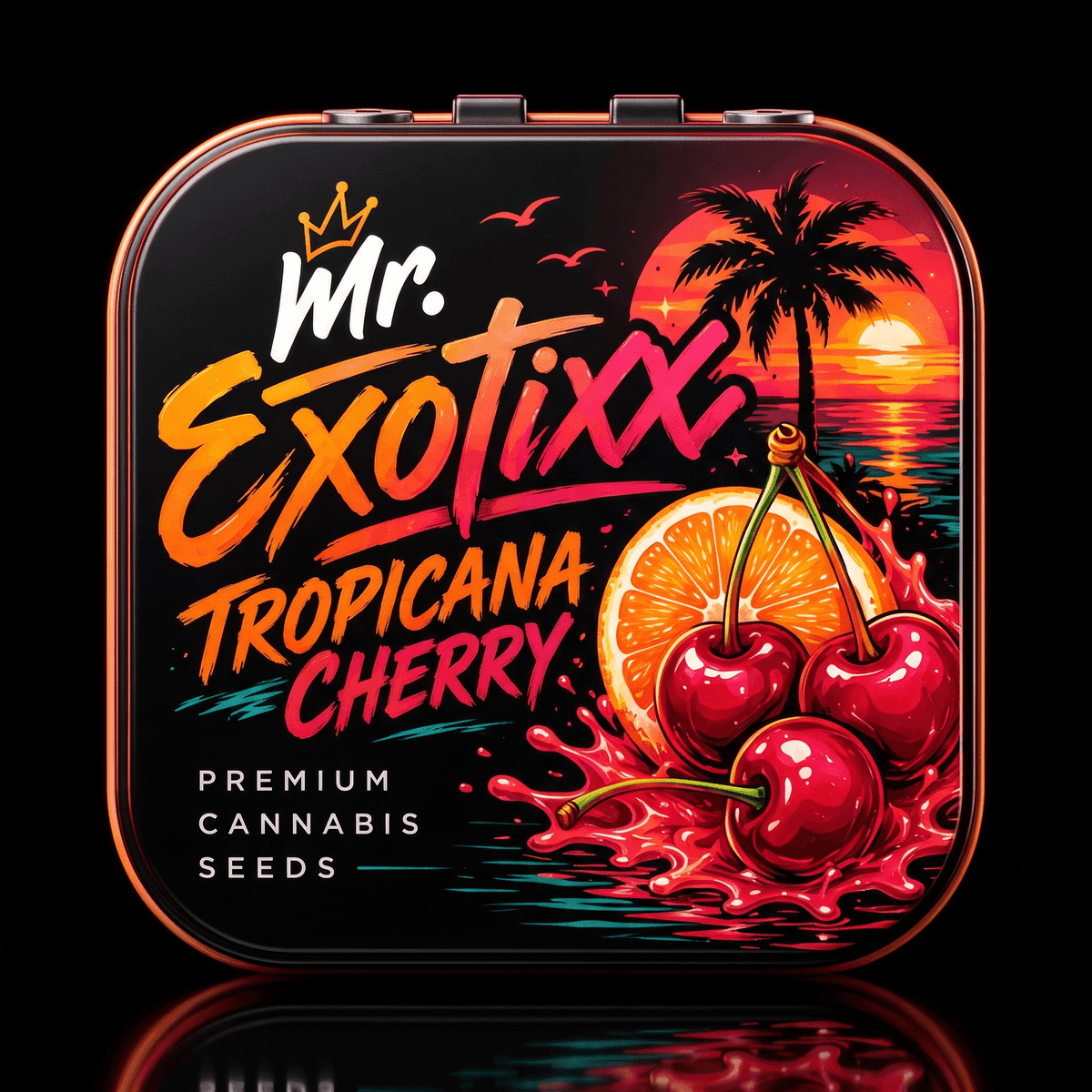 Mr. Exotixx Tropicana Cherry collectible seed tin — sunset palm, orange slice and cherries artwork