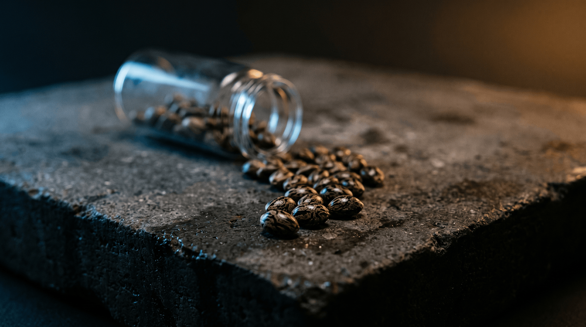 Glass vial tipped over on concrete with tiger-striped cannabis seeds spilling out under amber light