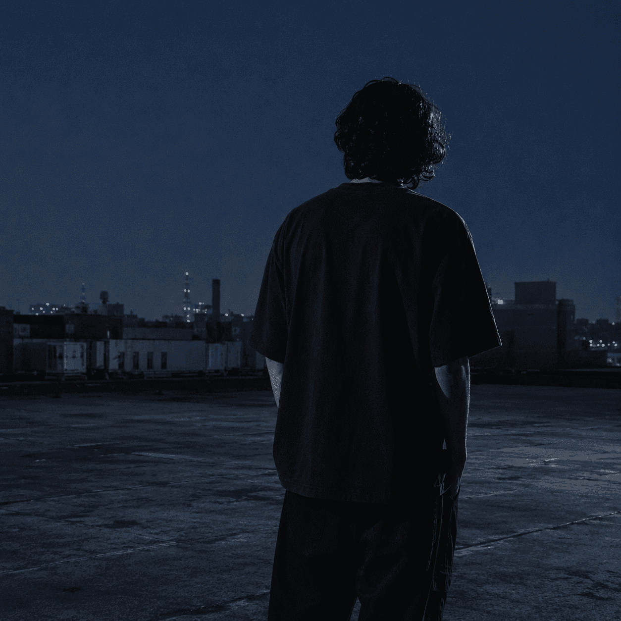 Figure in the Mr. Exotixx tee on a California rooftop at blue hour